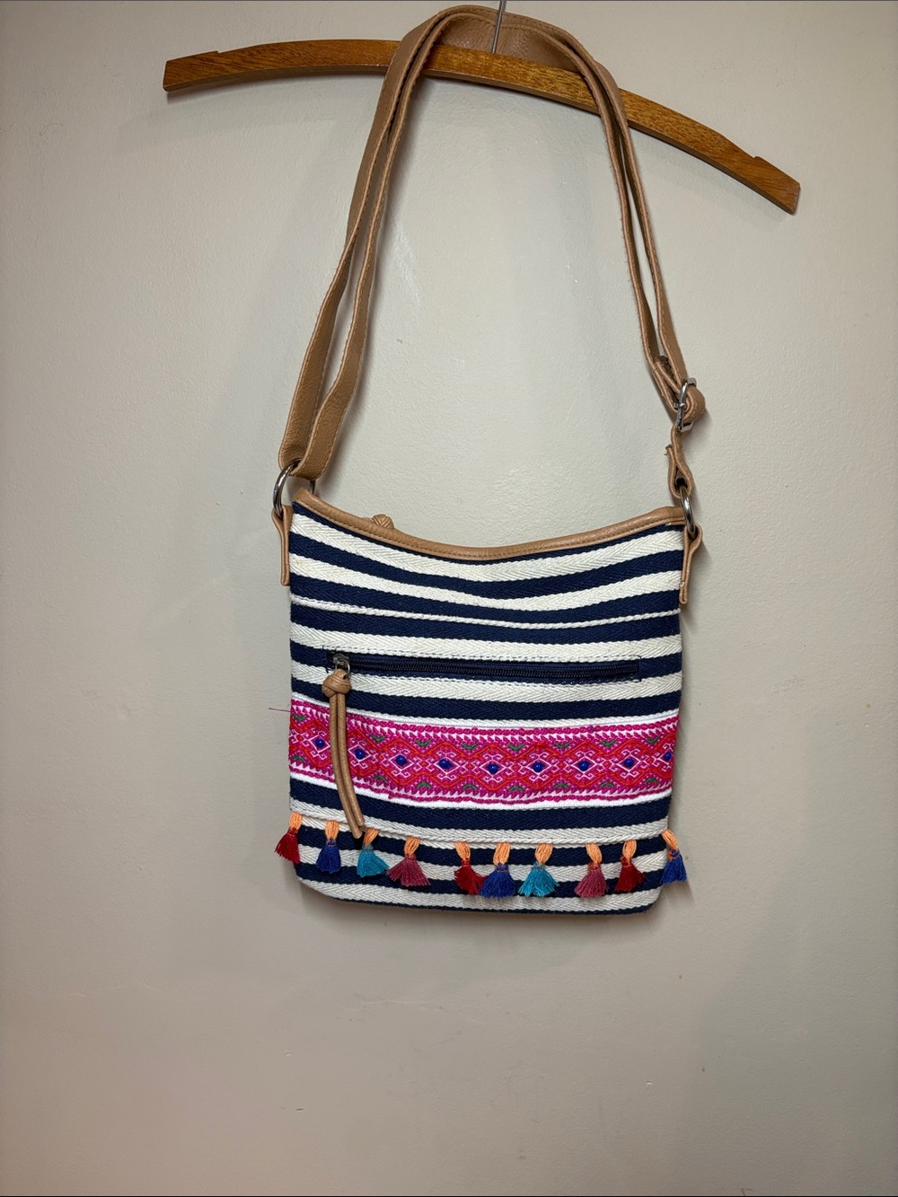 Striped Navy & Cream Crossbody Shoulder Bag Multicolored Braid and Tassels Trim